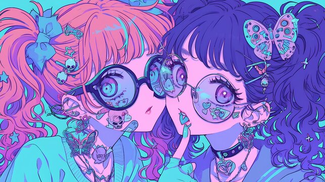 Two anime girls, one with pink hair and the other purple hair, on a white background with a butterfly. in the cyberpunk aesthetic, in a chibi style digital art illustration. generative AI