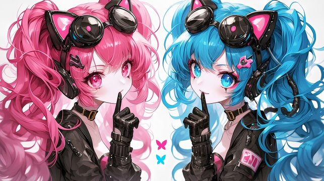 Two Anime Girls, One With Pink Hair And The Other Blue Hair, On A White Background With A Butterfly. In The Cyberpunk Aesthetic, In A Chibi Style Digital Art Illustration. Generative AI