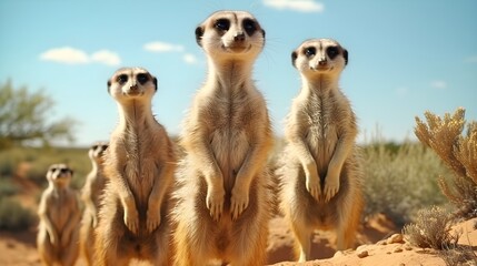 A family of meerkats standing upright - obrazy, fototapety, plakaty