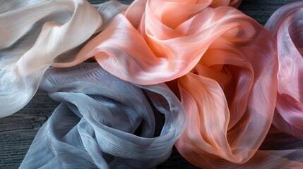 Delicate pastel-colored fabrics, lightweight and sheer, gracefully arranged on a dark wooden surface, displaying an elegant, flowing texture. - obrazy, fototapety, plakaty
