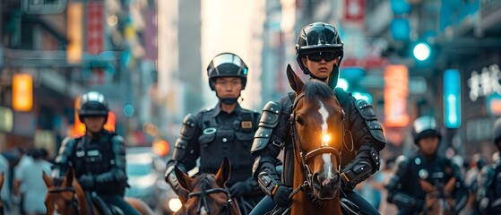 Taiwanese Police Officers on Horseback in the City: Ready to Protect and Patrol. Concept City Safety, Law Enforcement, Horseback Patrol, Responsible Protection - obrazy, fototapety, plakaty