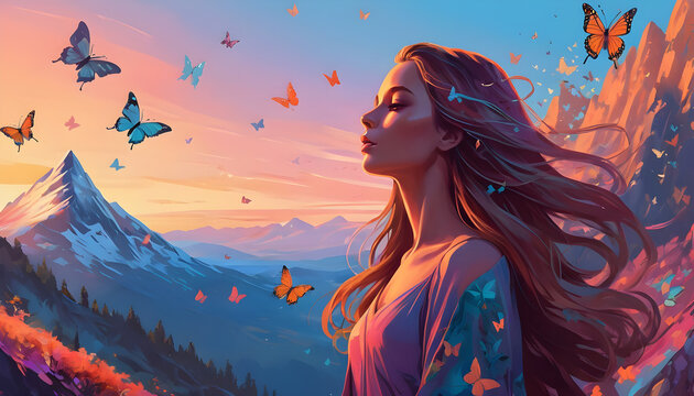 illustration of woman with long hair and serene face. mountain, wind and sunrise. multicolored butterflies flying. ethereal and aesthetic ambient. digital painting