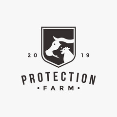 ow, pig and rooster in the shield, farm and barn protection logo template vector template on white background