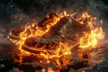 Random pair of shoes caught in fire, photorealistic detail highlighting the flames fierceness ,3DCG,clean sharp focus - obrazy, fototapety, plakaty