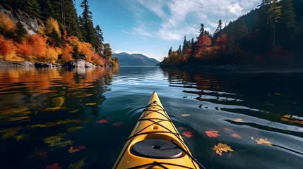Fotobehang A serene kayaking expedition through calm waters, surrounded by vibrant autumn foliage © Visual Aurora
