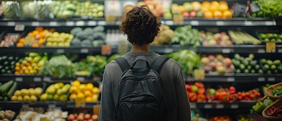 Person at grocery store choosing fresh produce for a balanced diet emphasizing the importance of healthy food choices. Concept Healthy Eating, Fresh Produce, Balanced Diet, Grocery Shopping - obrazy, fototapety, plakaty