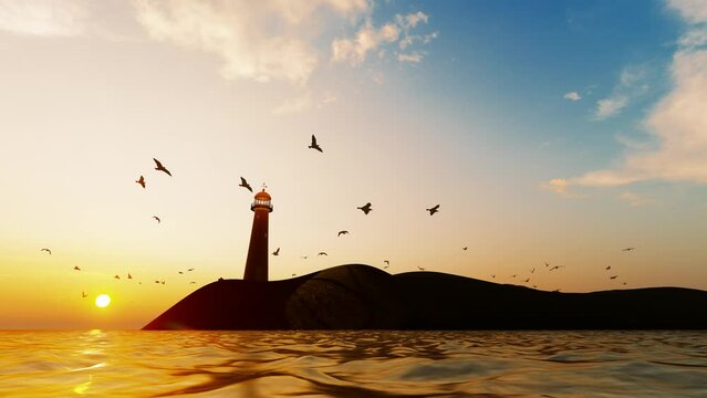 Time-lapse of a lighthouse illuminated by the setting sun on the beach at dusk