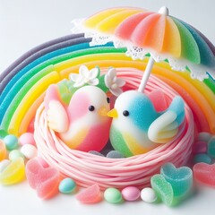 a couple wedding bird in nest made of pastel color rainbow gummy candy on a white background
Designer|1024 × 1024 jpg|1 min ago - obrazy, fototapety, plakaty