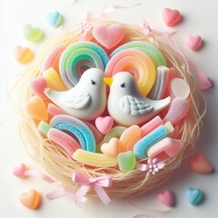 a couple wedding bird in nest made of pastel color rainbow gummy candy on a white background
Designer|1024 × 1024 jpg|1 min ago - obrazy, fototapety, plakaty