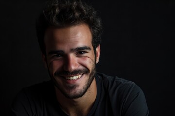 Portrait of a handsome young man smiling at the camera on a dark background - obrazy, fototapety, plakaty