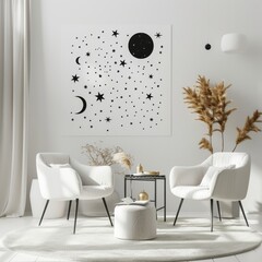 3D Render of a celestial-themed poster depicting stars, moons, and constellations, creating a dreamy ambiance in a hipster living room, on isolated white background, Generative AI