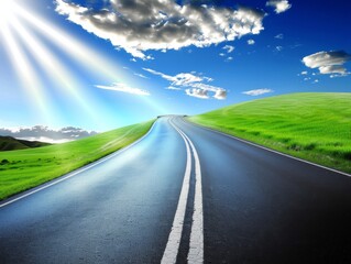 Empty Road With Grass and Clouds