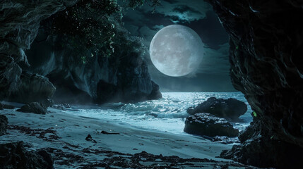 A hidden cove bathed in the pale light of the moon. The sound of the waves lapping against the cliffs echoes throughout the secluded . . - obrazy, fototapety, plakaty