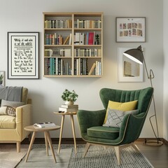 3D Render of a literary-themed poster with quotes from classic novels and illustrations of book covers, celebrating the love of reading in a hipster living room, on isolated white background, Generati