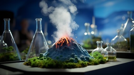 An engaging science fair display with miniature volcanoes and simple experiments - obrazy, fototapety, plakaty