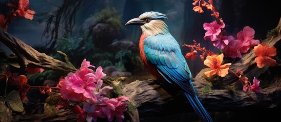 The colorful bird is sitting comfortably on a tree branch surrounded by vibrant blooming flowers - Powered by Adobe
