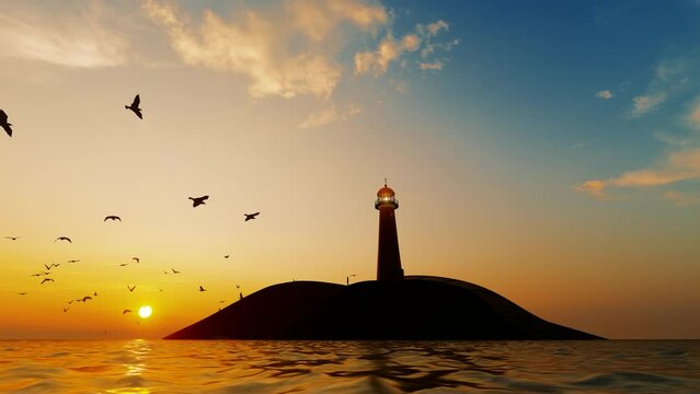 Lighthouse guiding light on beach and island