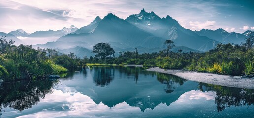 Majestic Lake Surrounded by Verdant Trees and Mountains