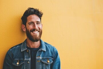 Portrait of a handsome hipster man smiling against a yellow wall - obrazy, fototapety, plakaty