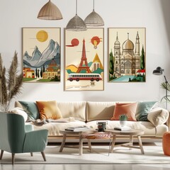 3D Render of a retro travel poster featuring vintage-inspired illustrations of famous landmarks and destinations, igniting wanderlust and adventure in a hipster living room, Generative AI - obrazy, fototapety, plakaty