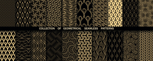 Geometric set of seamless black and gold patterns. Simple vector graphics - 774557711