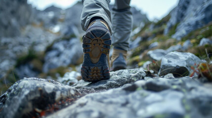 A hiker navigates a rocky mountain trail the vast landscape stretching out before them. Every step brings a new adventure as they . .
