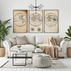 3D Render of a travel-themed poster showcasing vintage maps and compasses, inspiring wanderlust in a hipster living room, on isolated white background, Generative AI