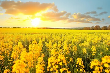 Obraz premium Field of Yellow Flowers With Sun in Background