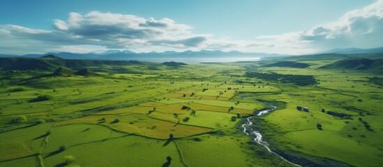 Tranquil river winding through a vibrant green field, creating a picturesque natural scenery