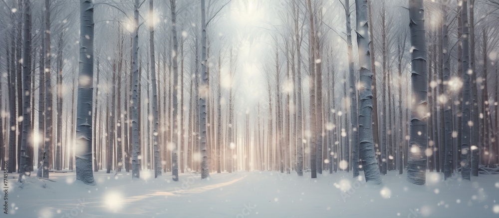 Canvas Prints a serene winter scene of a dense snowy forest with a clear path meandering through it, as delicate s