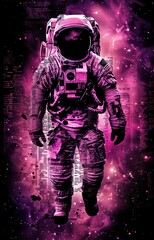 Fototapeta premium modern and vibrant space-themed design incorporates an astronaut and a color palette in purple and magenta against a dark background