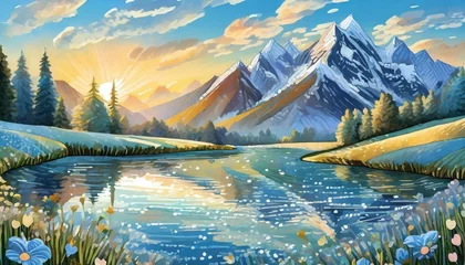 Zelfklevend Fotobehang landscape with lake and mountains © Duy