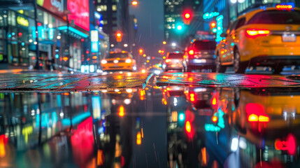 A bustling urban intersection at night with the city lights and car headlights reflecting off the surface of a puddle creating a dazzling . .