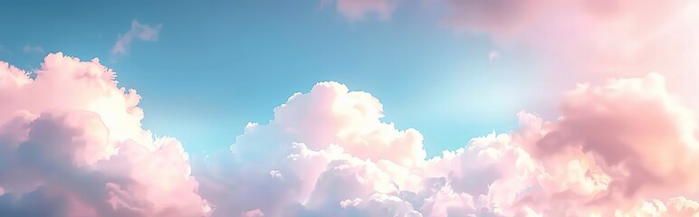 Beautiful background featuring a romantic blue sky adorned with soft, fluffy pink clouds, offering a panoramic and dreamy natural view. Made with generative AI technology.