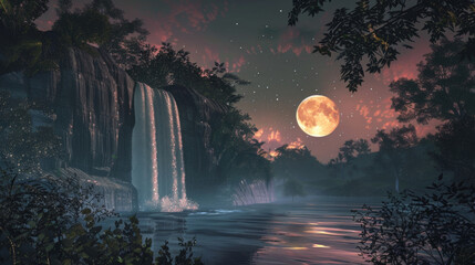 Leaves rustle in the warm gentle breeze as the moon rises to illuminate a picturesque waterfall standing out in stark contrast against . .