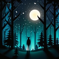 A digital illustration of a forest at night with a full moon. A deer is standing in the center of the image, surrounded by trees. The background transitions from green at the bottom to blue at the top