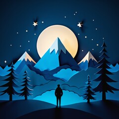 A person standing on a hill looking at a mountain range with a full moon and stars in the sky.