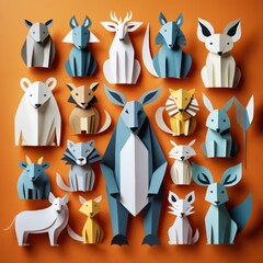 Fototapeta premium Papercut style, The animals are cut out and assembled in a way that creates a 3D effect. They are colored in blue, white, and orange paper. The background is orange.