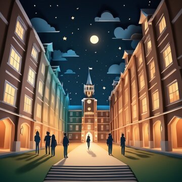 The image depicts a college campus at night. There are students walking through the courtyard, which is illuminated by a full moon. 