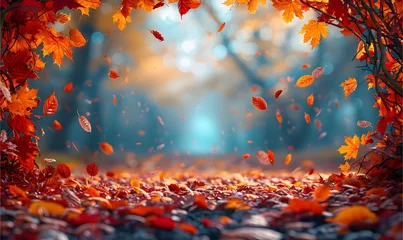  A beautiful autumn landscape. The ground is covered in colorful foliage. A blurred natural background and falling leaves with copy space © Nawapol