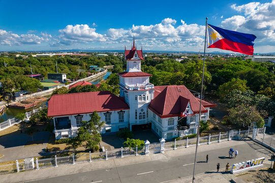 Kawit, Cavite, Philippines - Aerial of Emilio Aguinaldo Shrine and the Philippine Flag.