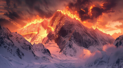 Majestic snow-capped peaks illuminated by fiery skies and molten lava flows
