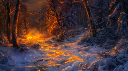 An ancient forest in the heart of winter, where the snow on the ground burns with an ethereal flame, illuminating ancient secrets