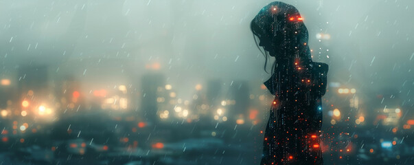 Solitary Silhouette with Glowing Points Staring into a Rain-Drenched Cityscape, Lone figure amidst rainy urban glow