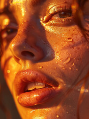 Close-Up of a Face Illuminated in Golden Light with Water Droplets