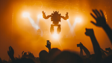 Fototapeta premium Giant robot crowd surfing at a concert, an unexpected blend of technology and entertainment