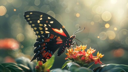 Photorealistic vibrant butterfly on a flower, unique beauty in sunlight ,3DCG,clean sharp focus - obrazy, fototapety, plakaty