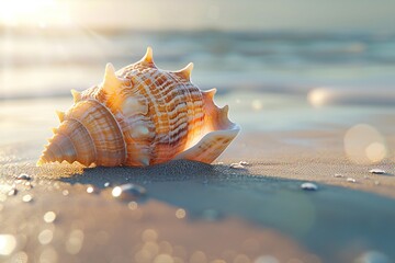 Unique seashell on sandy beach, photorealistic quality, colors popping in sunlight ,3DCG,clean sharp focus - obrazy, fototapety, plakaty