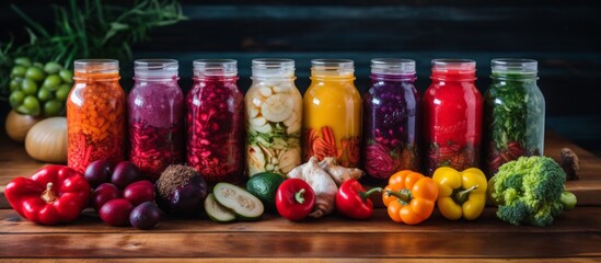 A collection of glass containers filled with an assortment of different vegetables and fruits like...
