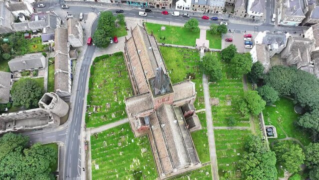 Birds Eye Aerial View of St. Magnus Cathedral and Cemetery, Kirkwall Scotland UK